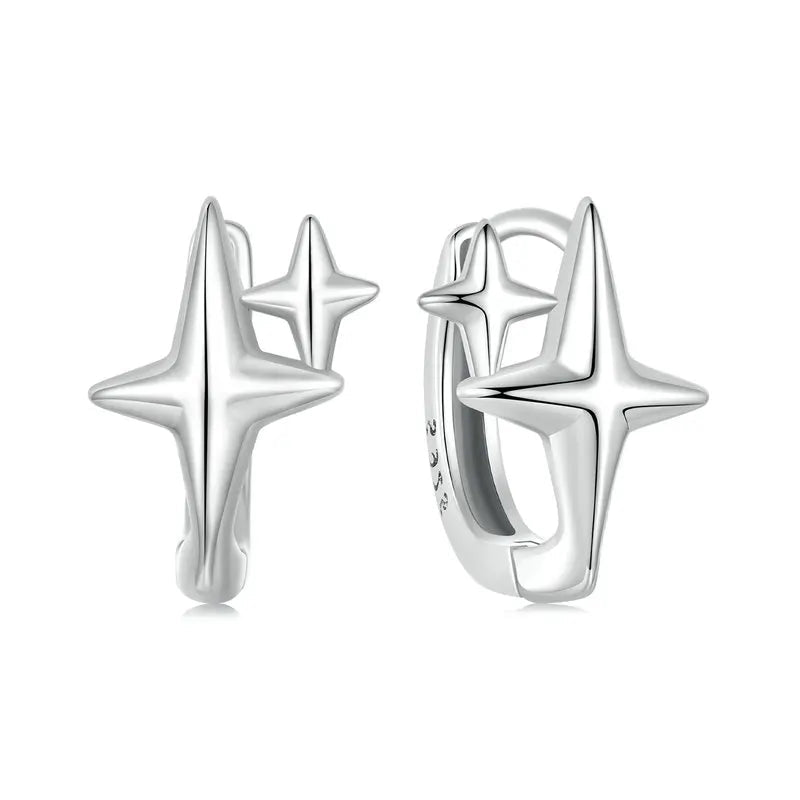 BAMOER Solid 925 Sterling Silver Starlight Hoop Earrings for Women Teens Double Star Huggie Earrings Minimalist Fine Jewelry Mirror Quenn