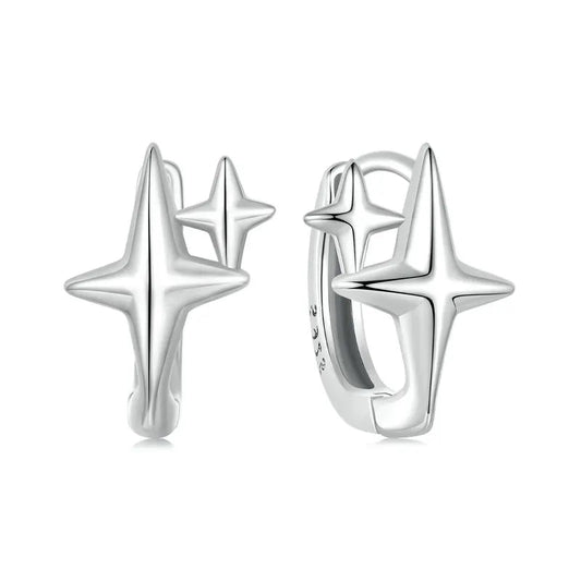 BAMOER Solid 925 Sterling Silver Starlight Hoop Earrings for Women Teens Double Star Huggie Earrings Minimalist Fine Jewelry Mirror Quenn