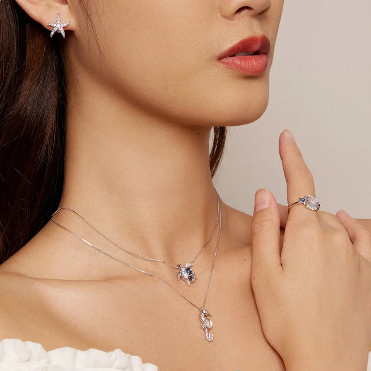 Bamoer 925 Sterling Silver Blue Spinel Sea Turtle Pendant Necklace Pave Setting CZ for Women Valentine's Day Gift Mirror Quenn