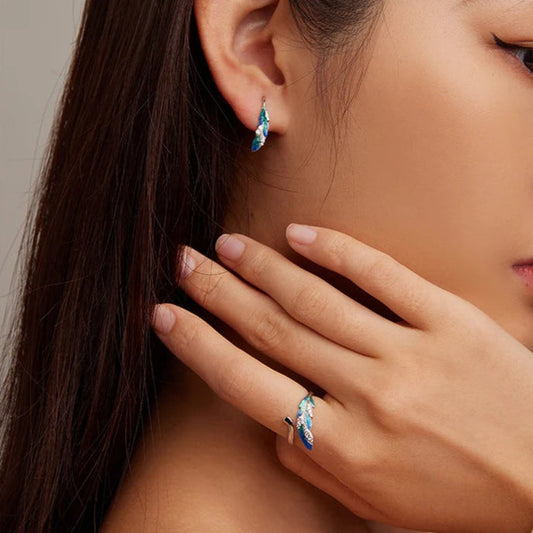 Sterling Silver Peacock Feather Ring & Earrings Set Mirror Quenn