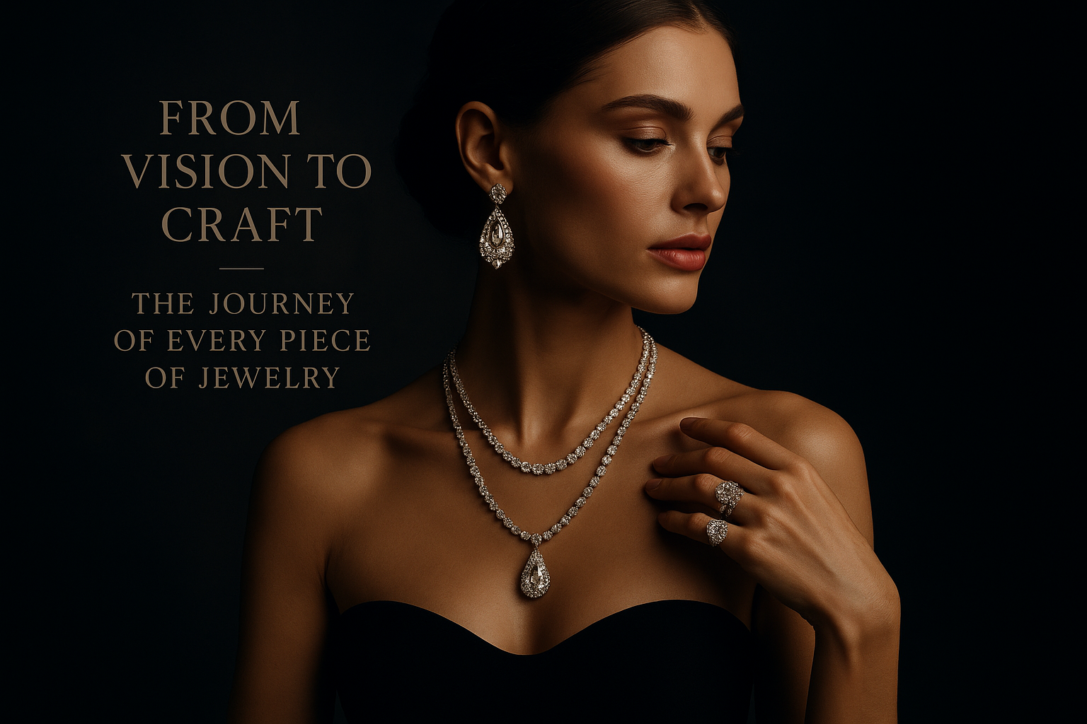 a model dark background with jewelry also related to the text from vision to craft - the journey of every piece of jewelry,"