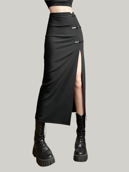 Close-up showing the asymmetrical hemline of the trendy skirt