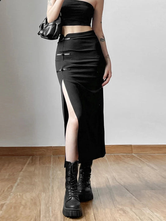 Front view of the black ankle-length skirt with a split