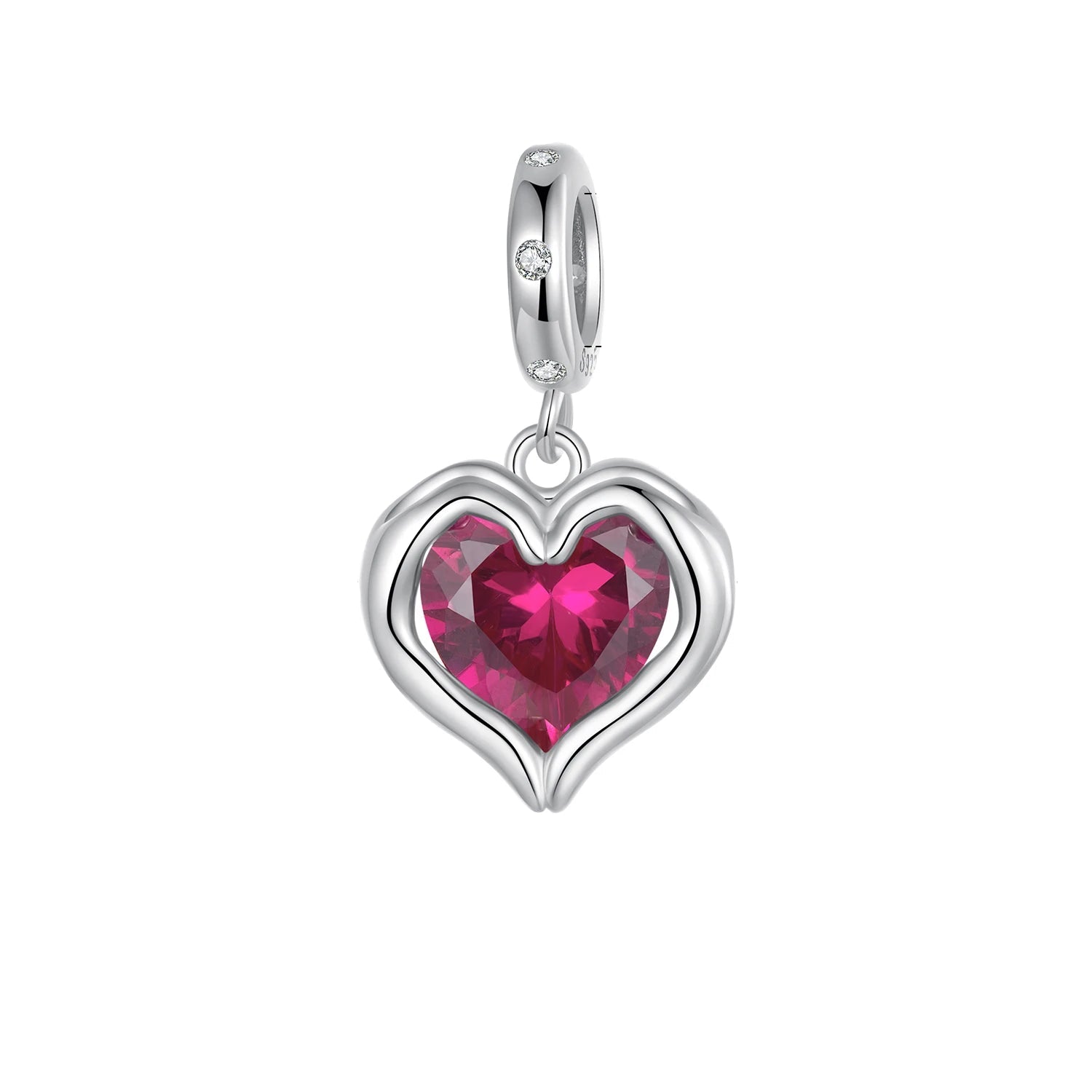 Heart-shaped pendant with a red gemstone and dimensions on a white background