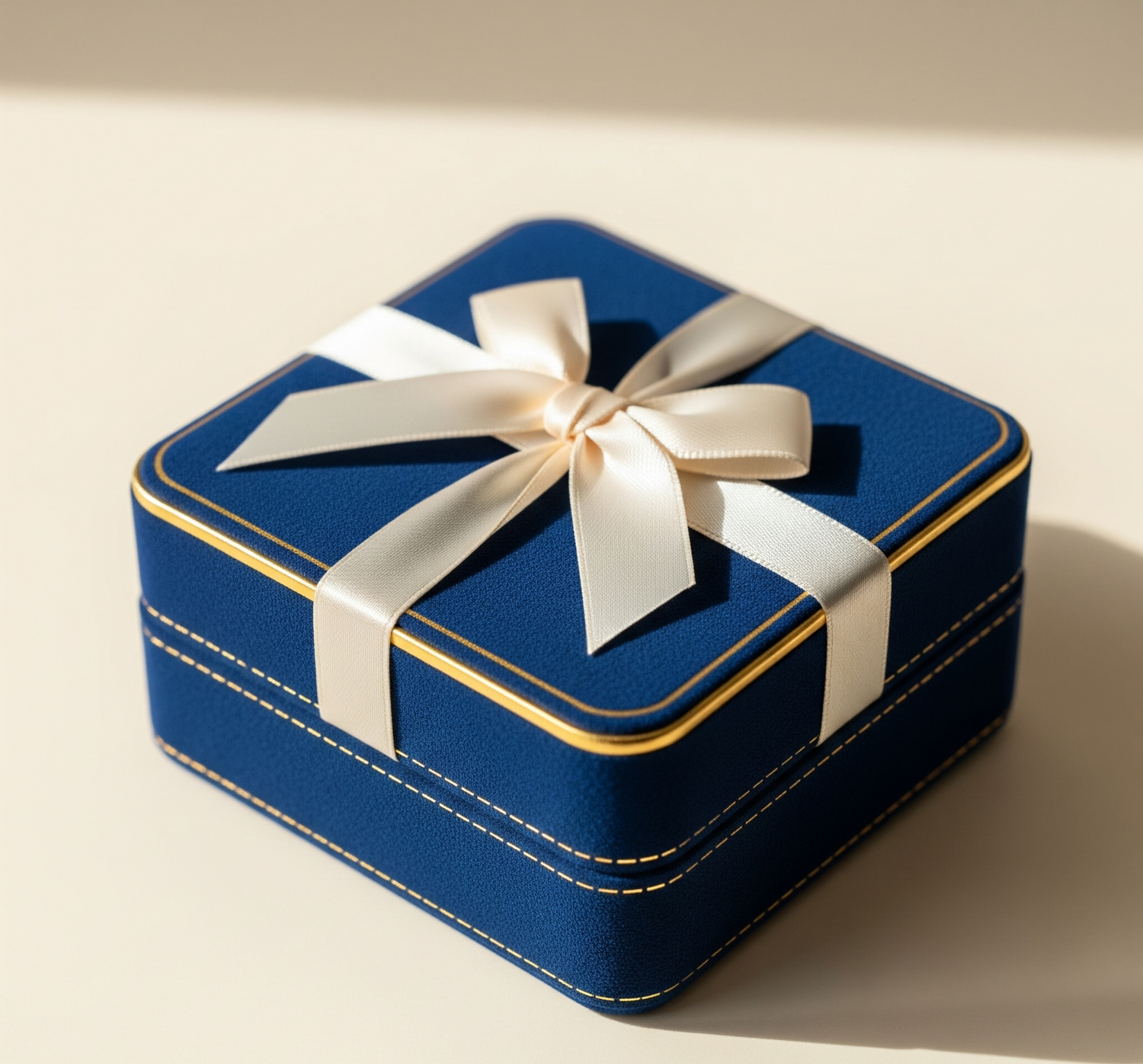 Blue gift box with a white ribbon on a beige background