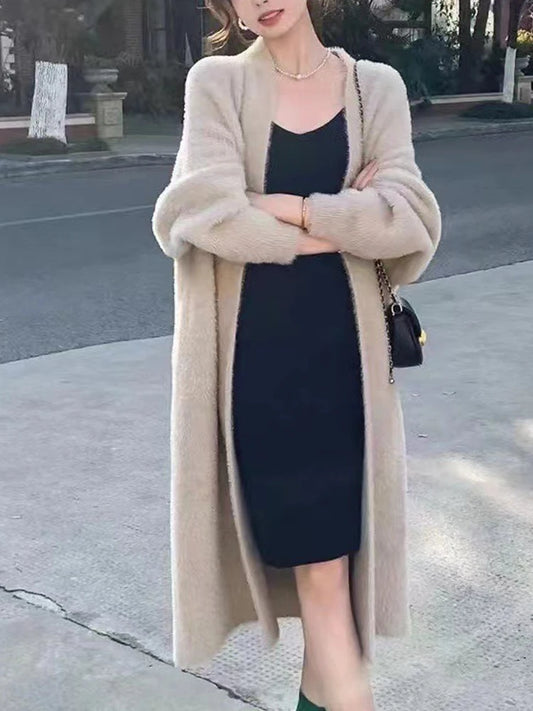 Front view of the knee-length mink fleece cardigan with scarf collar