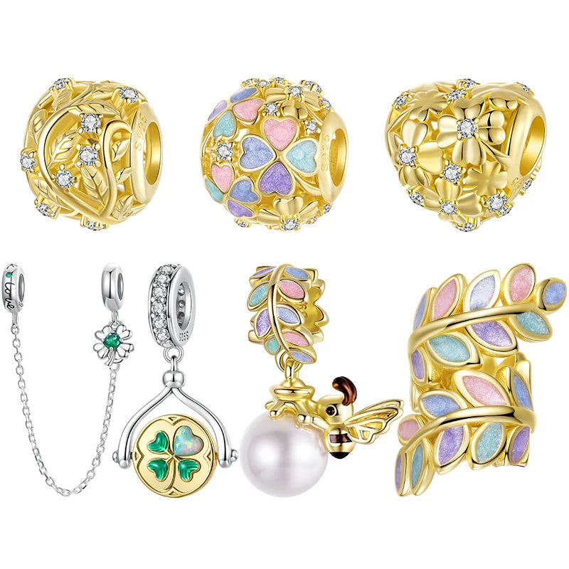   MirrorQuenn  Autumn Gold Clover Spinning Charm Love Flower-Gem Heart-Round Heart Flora-Golen Leaf-Pearl Bee 