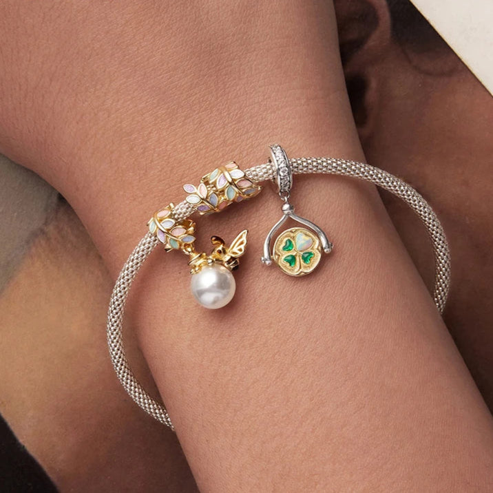   MirrorQuenn  Autumn Gold Clover Spinning Charm Love Flower-Gem Heart-Round Heart Flora-Golen Leaf-Pearl Bee 