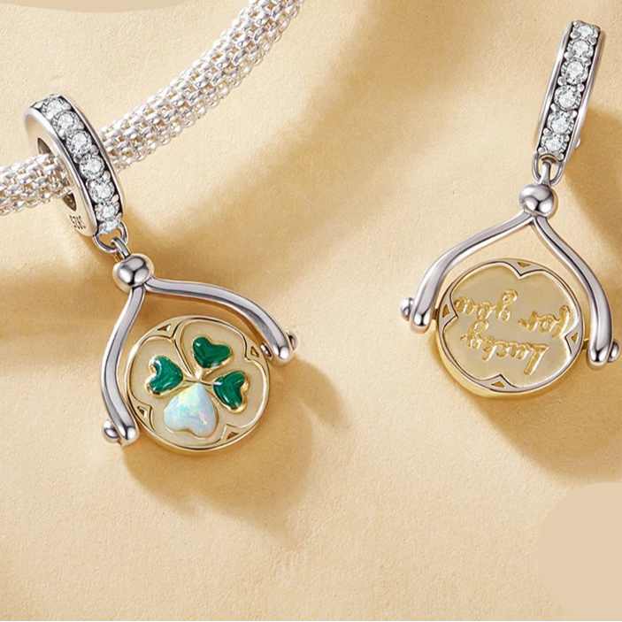   MirrorQuenn  Autumn Gold Clover Spinning Charm Love Flower-Gem Heart-Round Heart Flora-Golen Leaf-Pearl Bee 