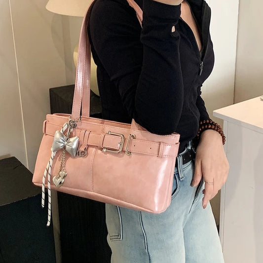 mirrorquenn Belt Buckle Shoulder Satchel Bag in shop online women's fashion