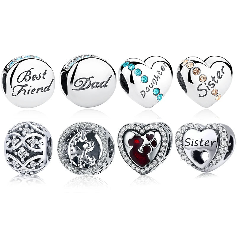   MirrorQuenn  Blue Crystal Family Charm – 925 Sterling Silver Siter-Mother-Dad-Daughter-Best Friend 