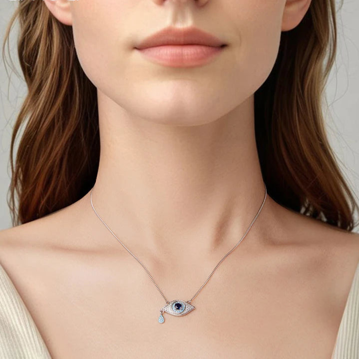  MirrorQuenn  Blue Devil’s Eye Teardrop Pendant Necklace Silver-Gold 