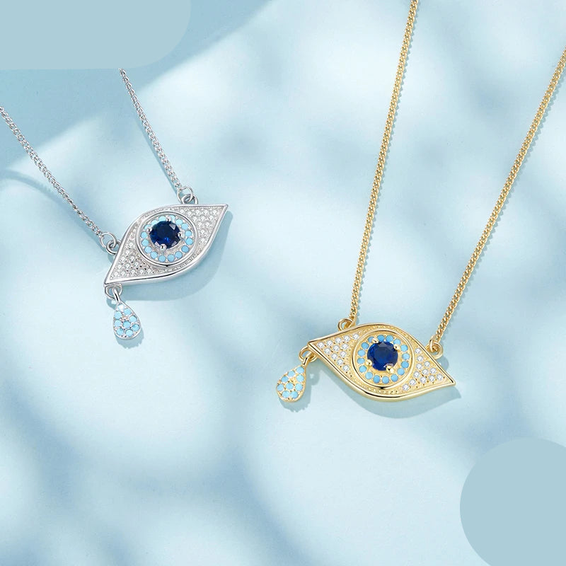   MirrorQuenn  Blue Devil’s Eye Teardrop Pendant Necklace Silver-Gold 
