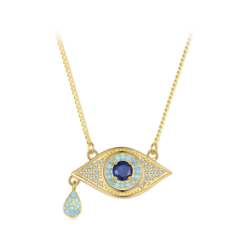   MirrorQuenn  Blue Devil’s Eye Teardrop Pendant Necklace Silver-Gold 