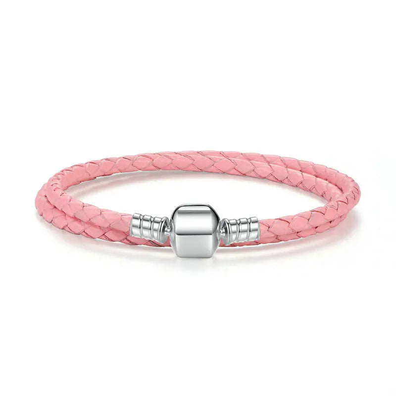   MirrorQuenn  Braided Leather Bracelet with Sterling Silver Clasp Pink / 17cm-Pink / 18cm-Pink / 19cm-Pink / 20cm-Pink / 34cm 