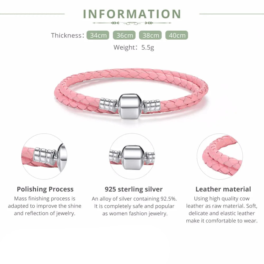   MirrorQuenn  Braided Leather Bracelet with Sterling Silver Clasp Pink / 17cm-Pink / 18cm-Pink / 19cm-Pink / 20cm-Pink / 34cm 