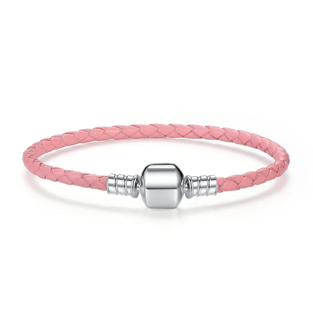   MirrorQuenn  Braided Leather Bracelet with Sterling Silver Clasp Pink / 17cm-Pink / 18cm-Pink / 19cm-Pink / 20cm-Pink / 34cm 