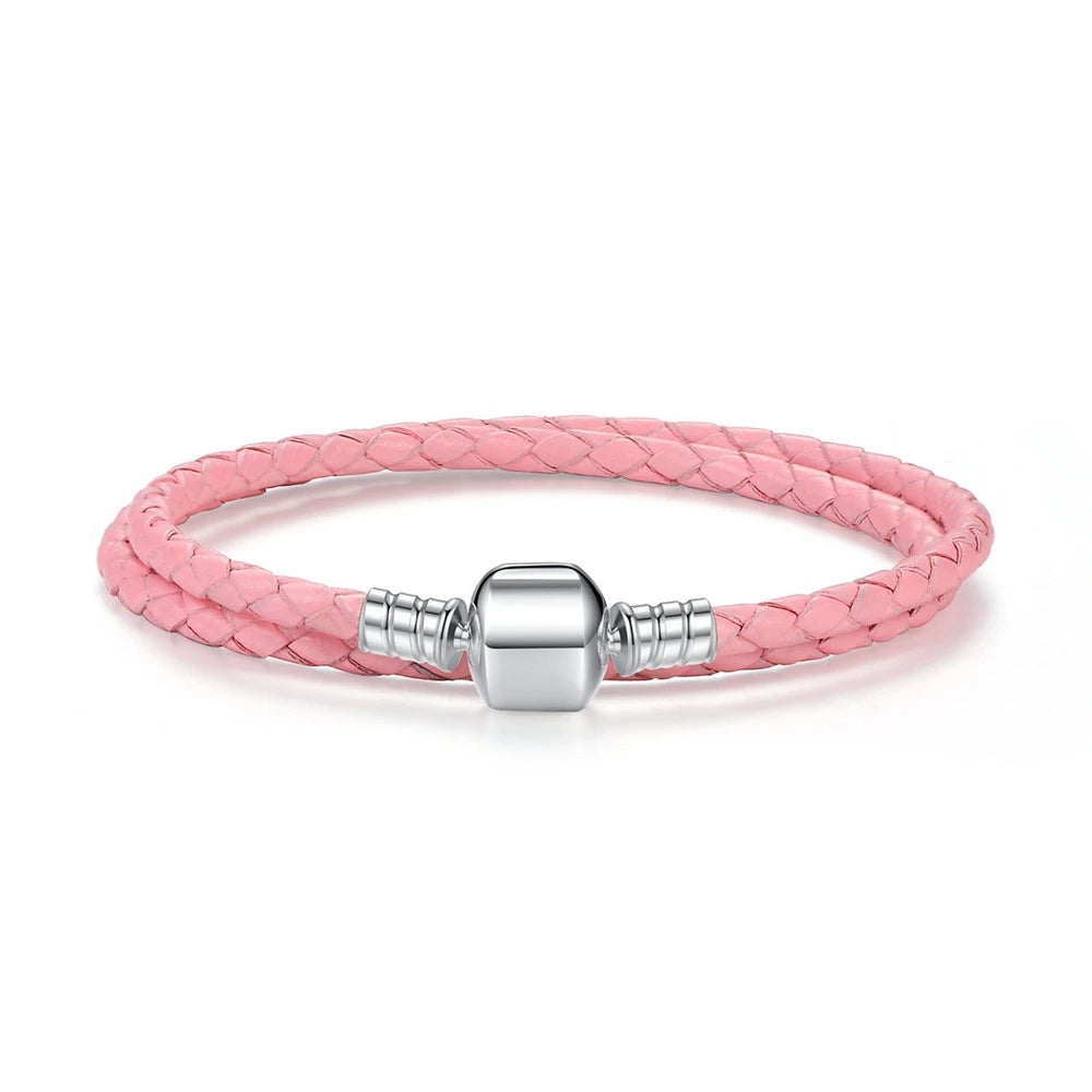   MirrorQuenn  Braided Leather Bracelet with Sterling Silver Clasp Pink / 17cm-Pink / 18cm-Pink / 19cm-Pink / 20cm-Pink / 34cm 