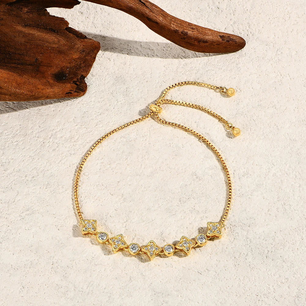   MirrorQuenn  Celestial Four-Pointed Star Moissanite Bracelet | Adjustable S925 Silver S925 Sterling Silver / White Gold / 24cm-S925 Sterling Silver / Yellow Gold / 24cm 