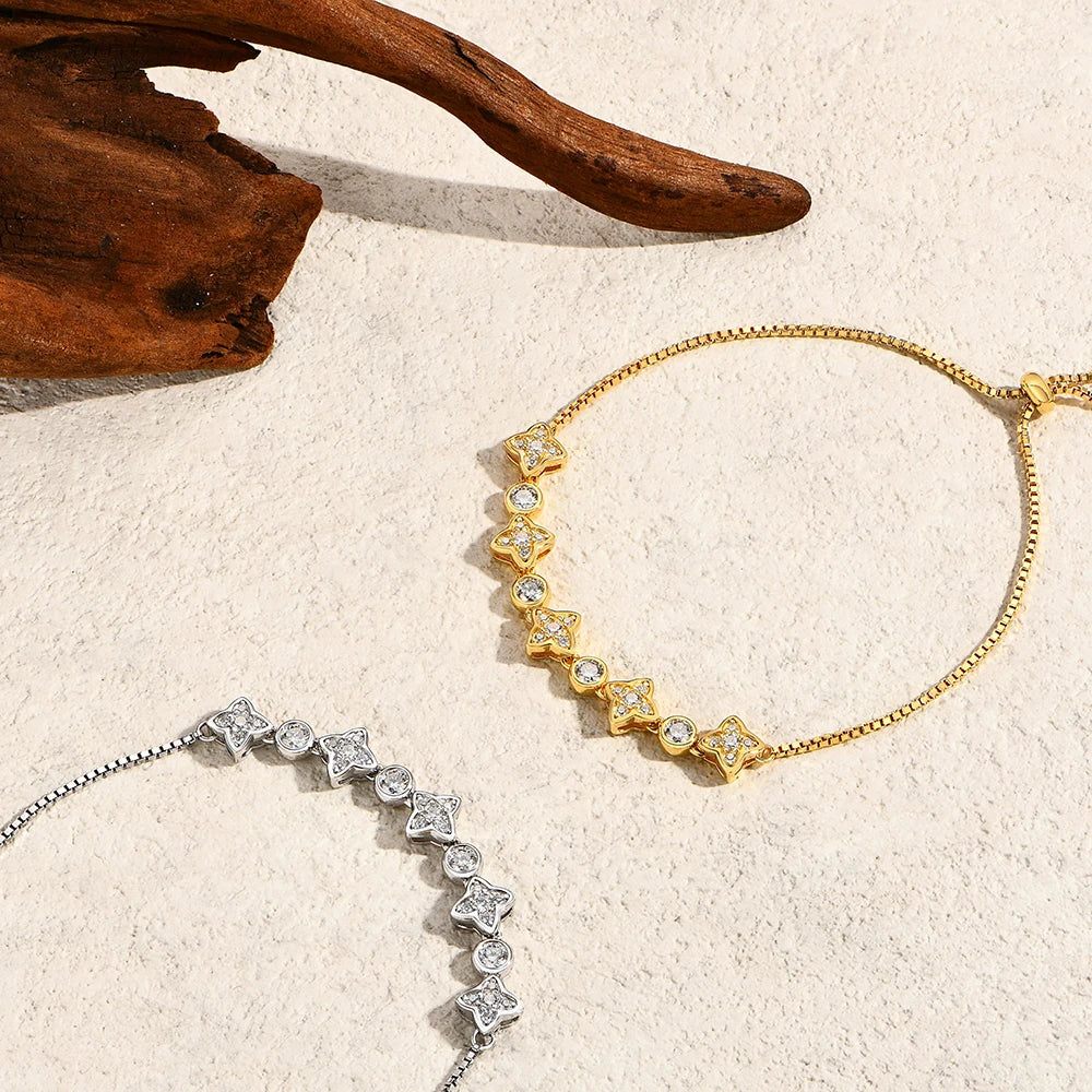   MirrorQuenn  Celestial Four-Pointed Star Moissanite Bracelet | Adjustable S925 Silver S925 Sterling Silver / White Gold / 24cm-S925 Sterling Silver / Yellow Gold / 24cm 