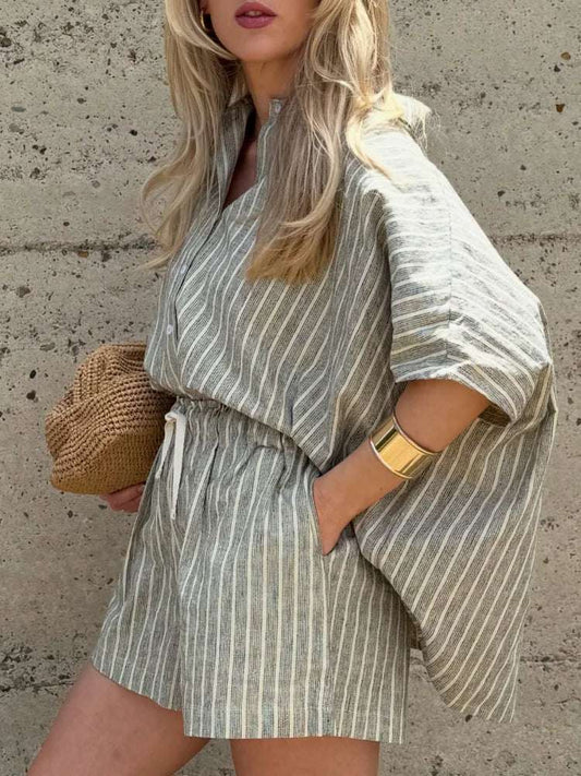 mirrorquenn Chic Stripe Shirt & Shorts Set – Summer Loungewear in shop online women's fashion