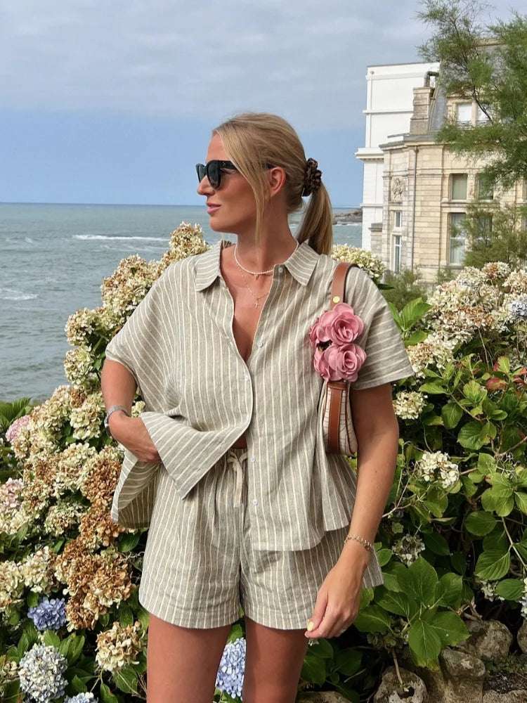mirrorquenn Chic Stripe Shirt & Shorts Set – Summer Loungewear in shop online women's fashion