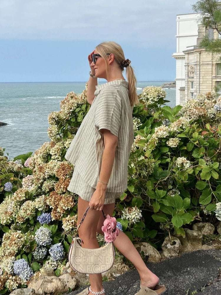 mirrorquenn Chic Stripe Shirt & Shorts Set – Summer Loungewear in shop online women's fashion