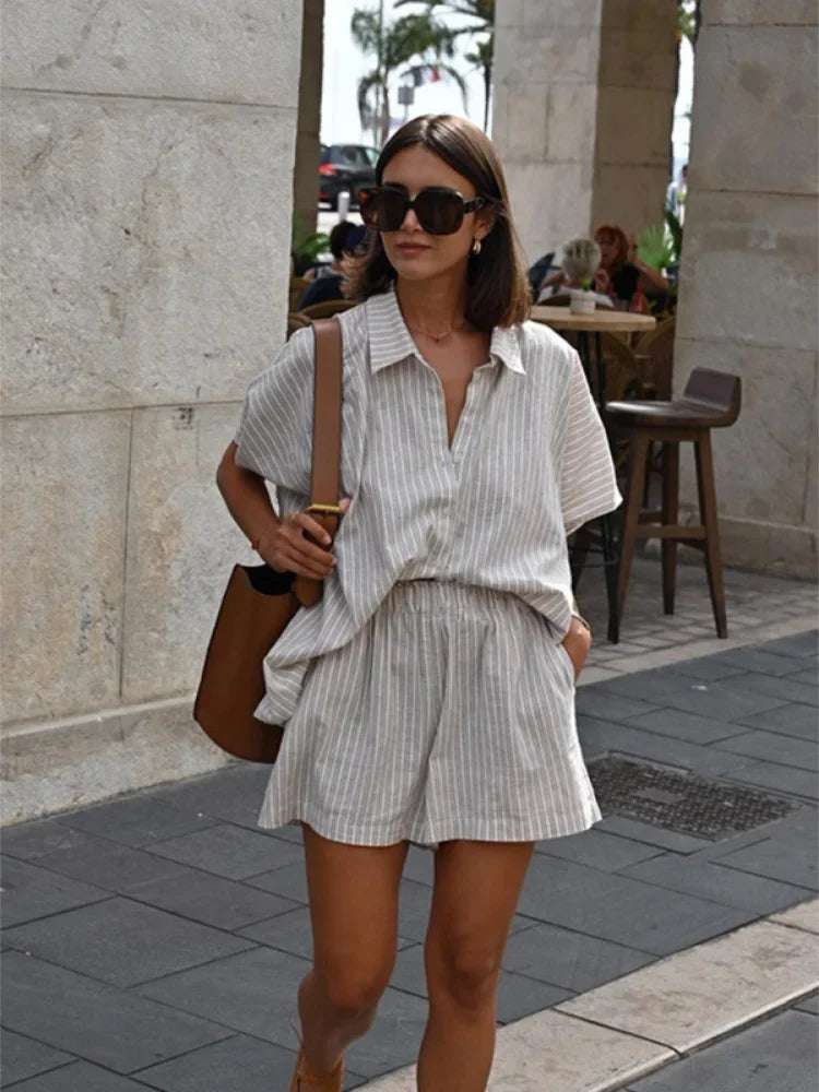 mirrorquenn Chic Stripe Shirt & Shorts Set – Summer Loungewear in shop online women's fashion