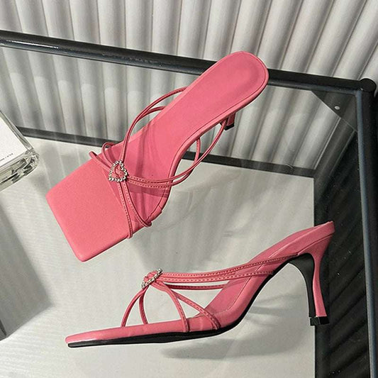 mirrorquenn Crystal Buckle High Heel Slides in shop online women's fashion