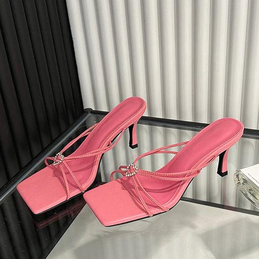 mirrorquenn Crystal Buckle High Heel Slides in shop online women's fashion