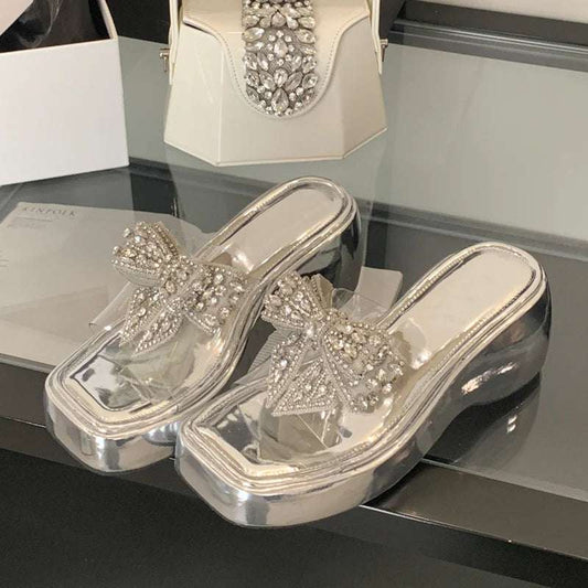 mirrorquenn Crystal Butterfly Wedge Heels in shop online women's fashion