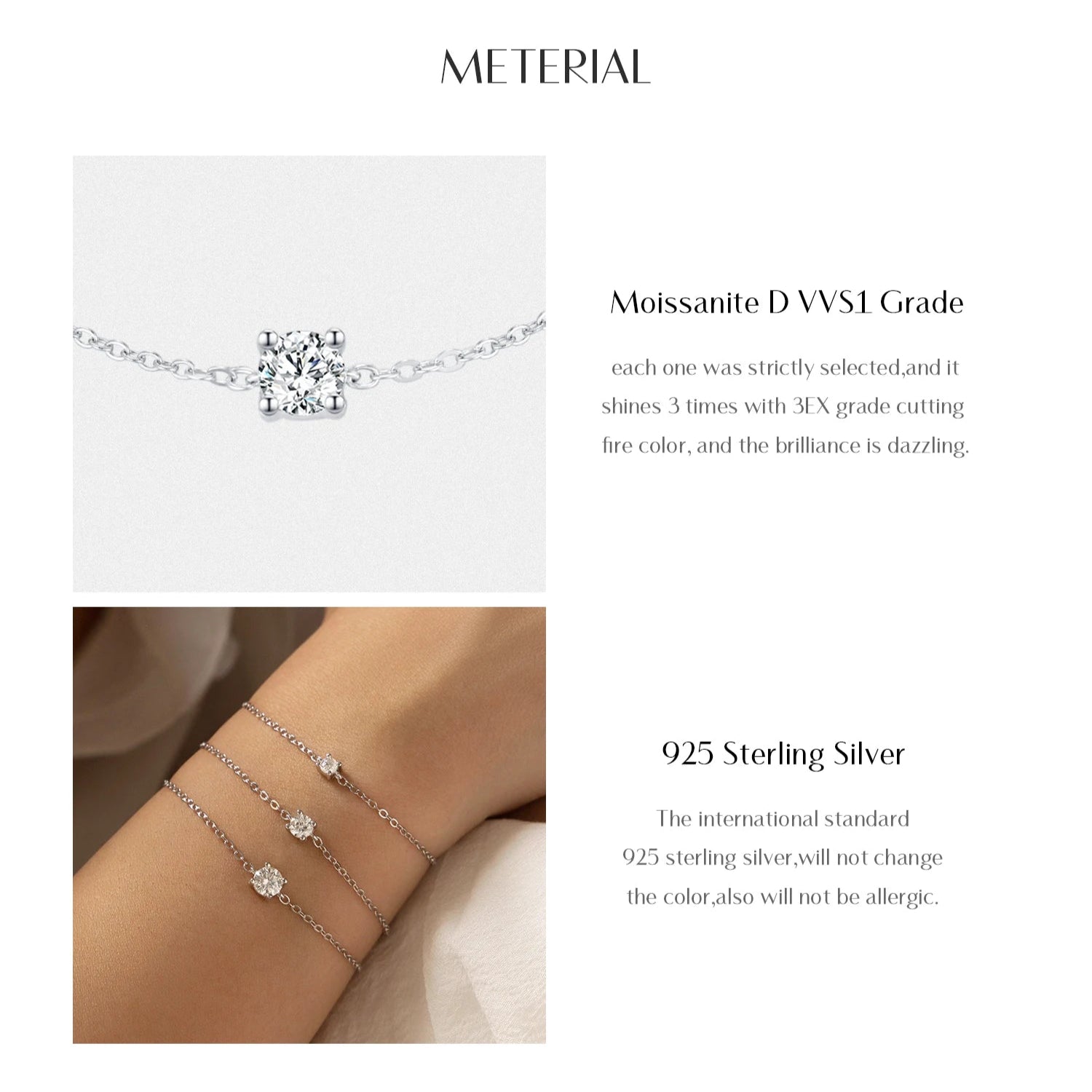   MirrorQuenn  D Color Moissanite Link Chain Bracelet Luxury Box 0.1CT-Luxury Box 0.3CT-Luxury Box 0.5CT-0.1 CT-0.3 CT 