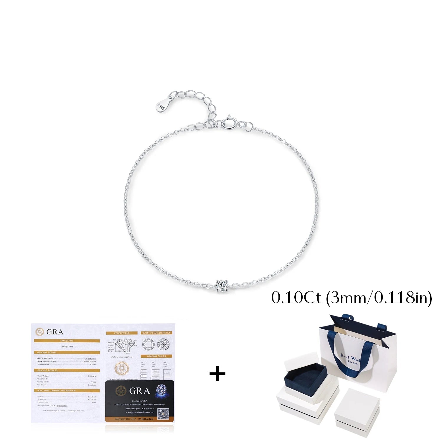   MirrorQuenn  D Color Moissanite Link Chain Bracelet Luxury Box 0.1CT-Luxury Box 0.3CT-Luxury Box 0.5CT-0.1 CT-0.3 CT 