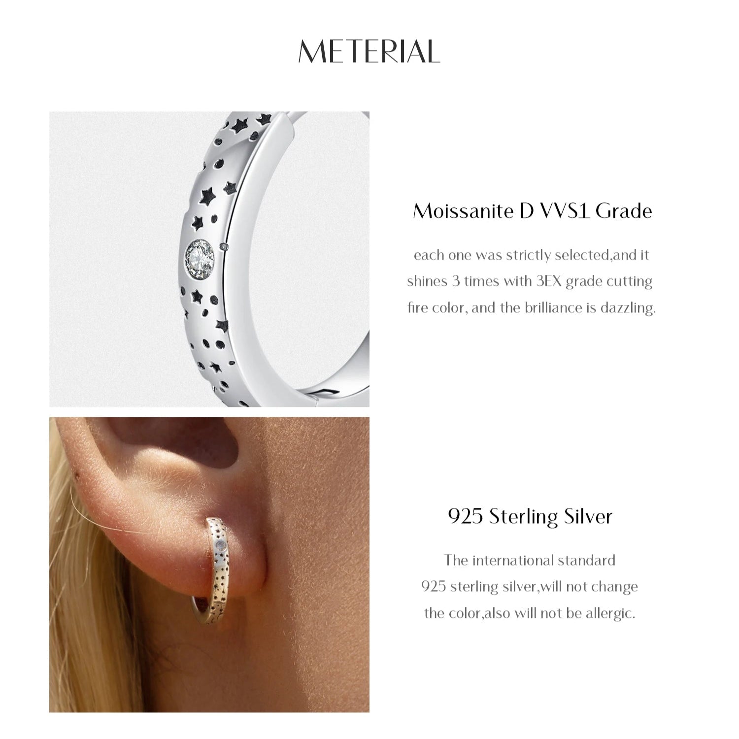   MirrorQuenn  D Color Moissanite Star Hoop Earrings Luxury Packaging-MSE0123 