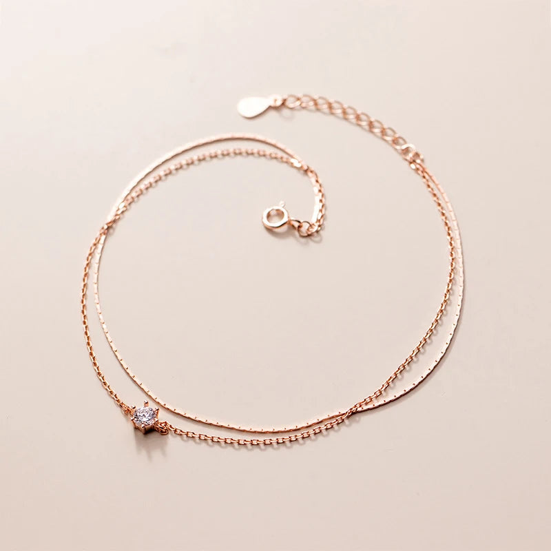   MirrorQuenn  Double Layer Sterling Silver Zircon Anklet Silver Color-Rose Gold Color 