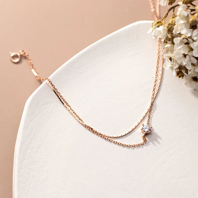   MirrorQuenn  Double Layer Sterling Silver Zircon Anklet Silver Color-Rose Gold Color 