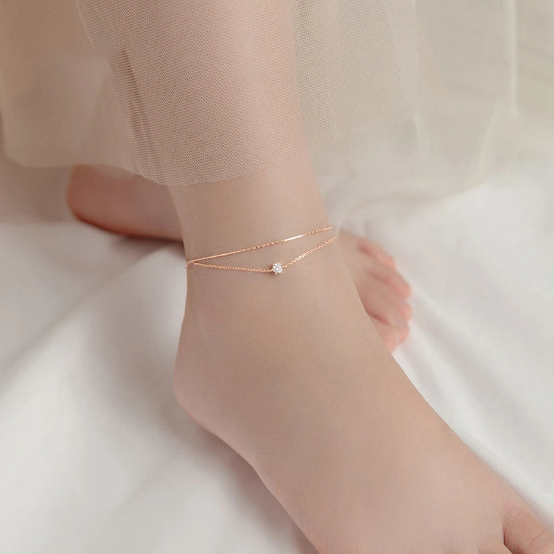  MirrorQuenn  Double Layer Sterling Silver Zircon Anklet Silver Color-Rose Gold Color 