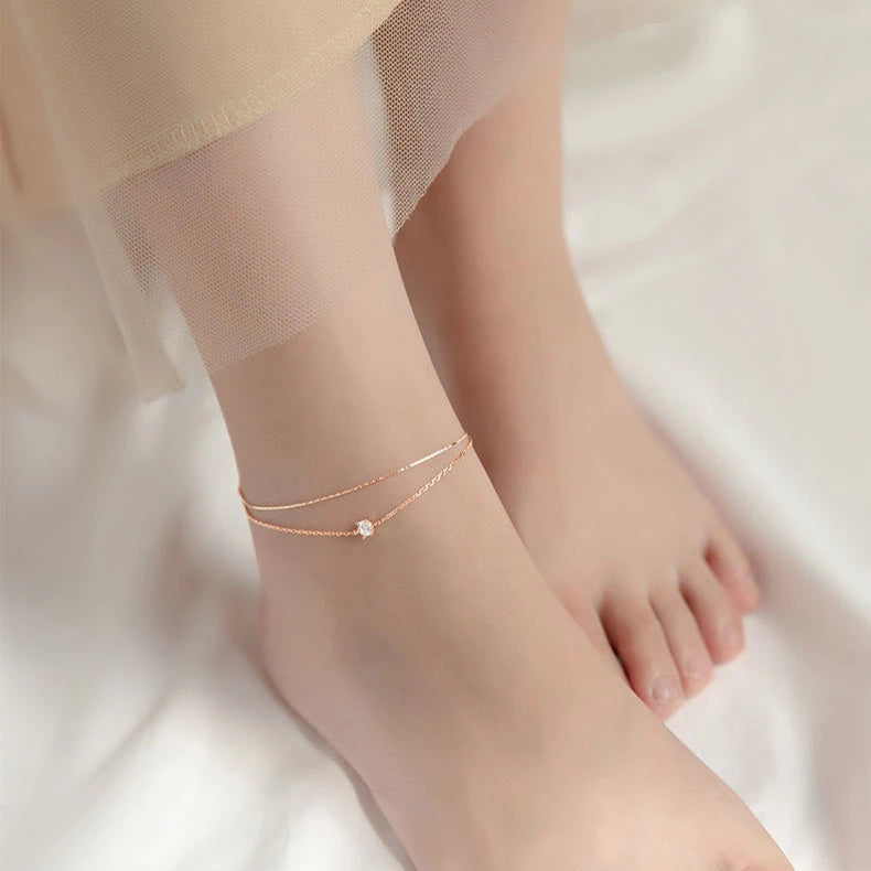   MirrorQuenn  Double Layer Sterling Silver Zircon Anklet Silver Color-Rose Gold Color 