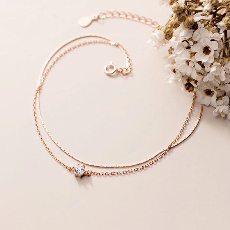   MirrorQuenn  Double Layer Sterling Silver Zircon Anklet Silver Color-Rose Gold Color 