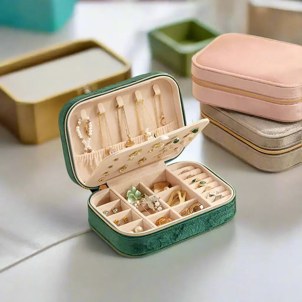   MirrorQuenn  Double-Layer Velvet Jewelry Box & Portable Travel Case Pink-green-Blue-GRAY 