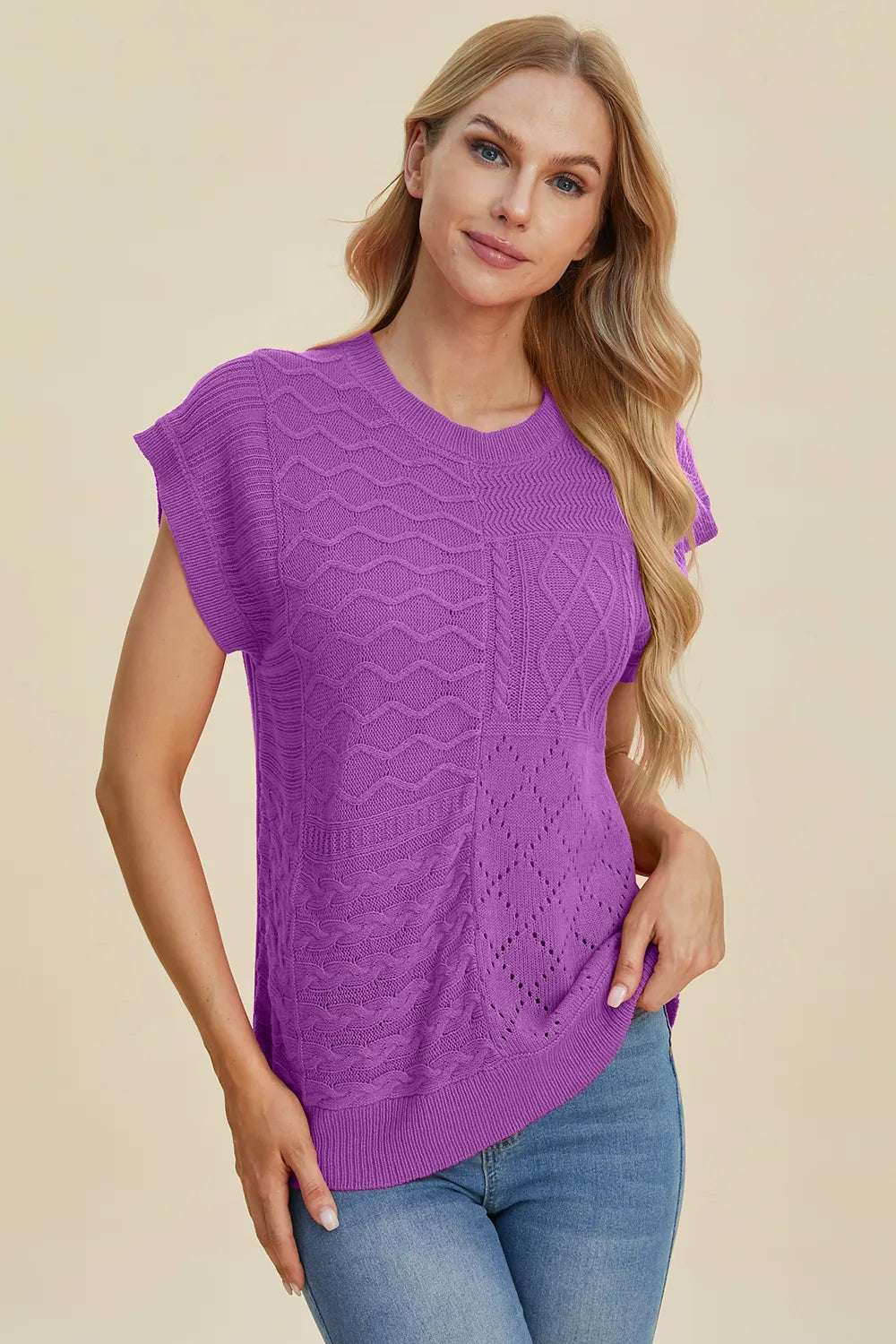 mirrorquenn Double Take Full Size Cable-Knit Round Neck Cap Sleeve Sweater in shop online women's fashion