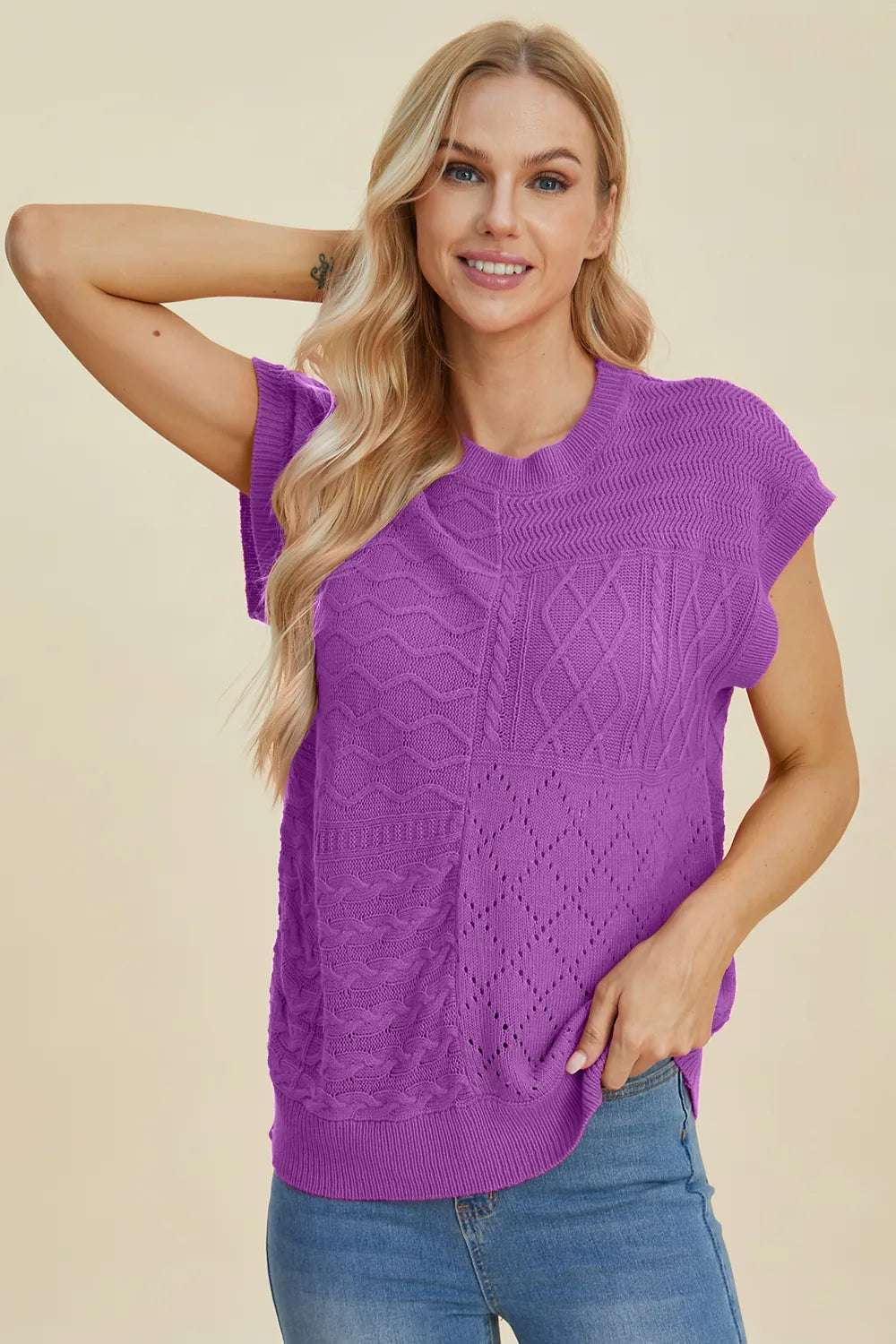 mirrorquenn Double Take Full Size Cable-Knit Round Neck Cap Sleeve Sweater in shop online women's fashion