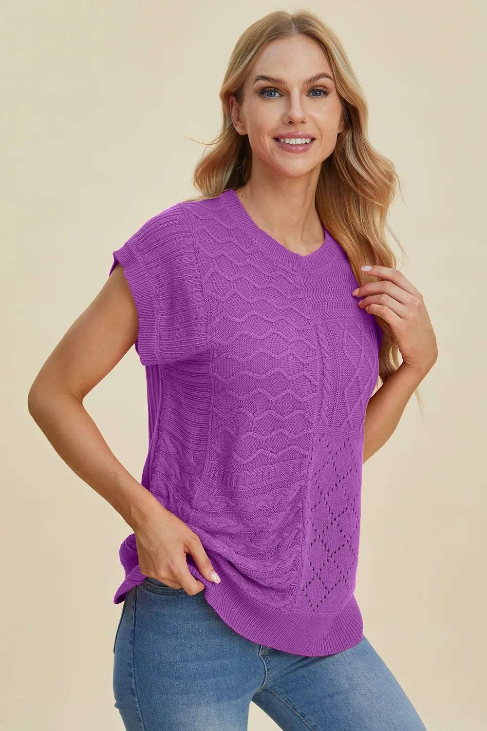 mirrorquenn Double Take Full Size Cable-Knit Round Neck Cap Sleeve Sweater in shop online women's fashion