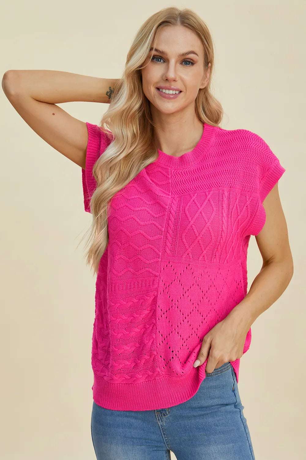 mirrorquenn Double Take Full Size Cable-Knit Round Neck Cap Sleeve Sweater in shop online women's fashion
