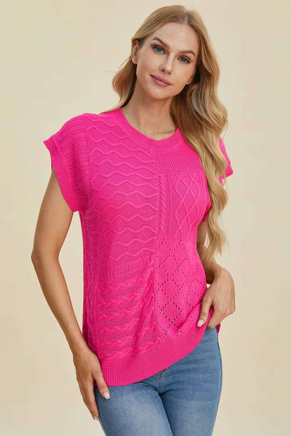 mirrorquenn Double Take Full Size Cable-Knit Round Neck Cap Sleeve Sweater in shop online women's fashion