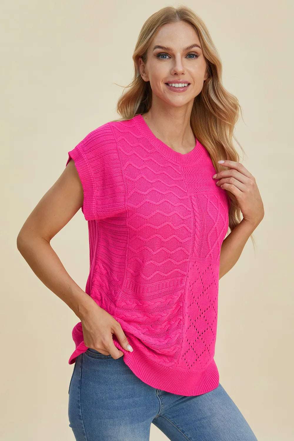 mirrorquenn Double Take Full Size Cable-Knit Round Neck Cap Sleeve Sweater in shop online women's fashion