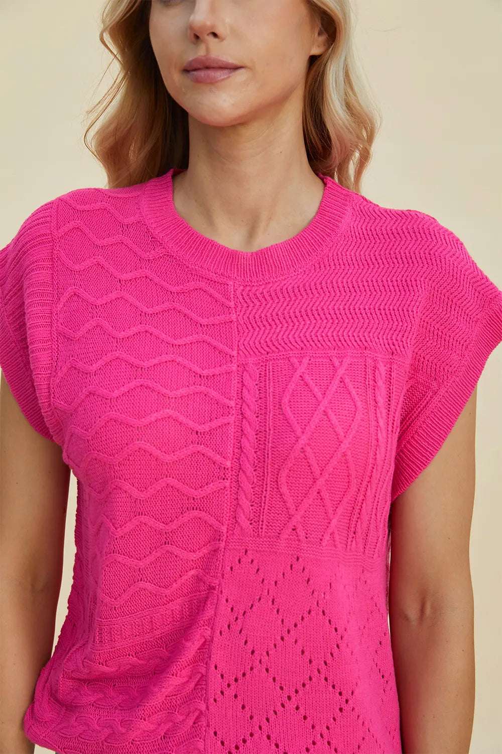mirrorquenn Double Take Full Size Cable-Knit Round Neck Cap Sleeve Sweater in shop online women's fashion