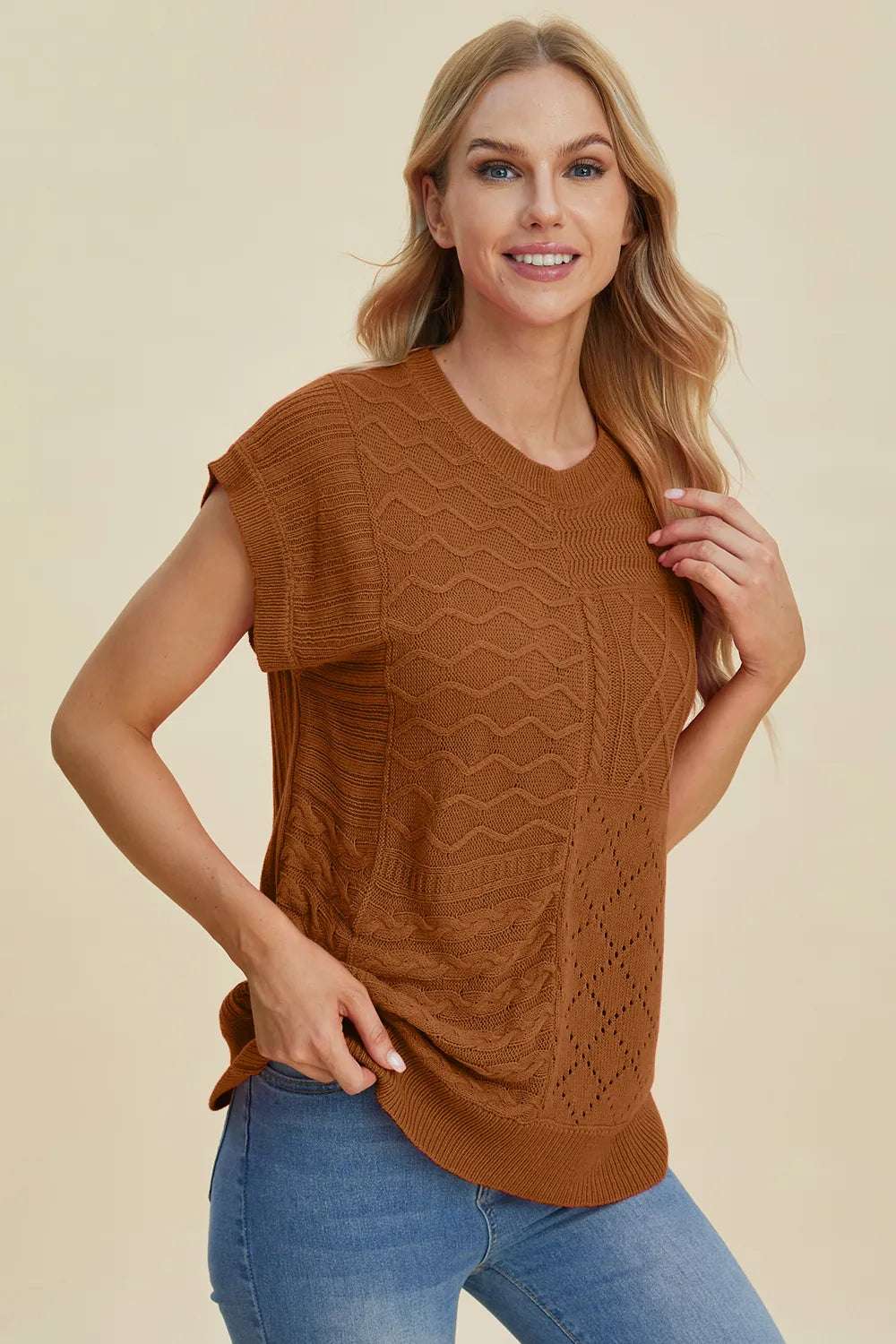 mirrorquenn Double Take Full Size Cable-Knit Round Neck Cap Sleeve Sweater in shop online women's fashion