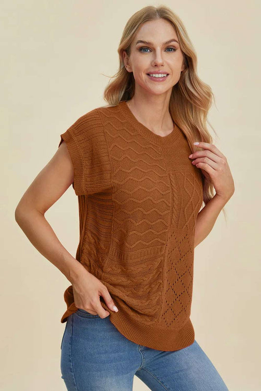mirrorquenn Double Take Full Size Cable-Knit Round Neck Cap Sleeve Sweater in shop online women's fashion