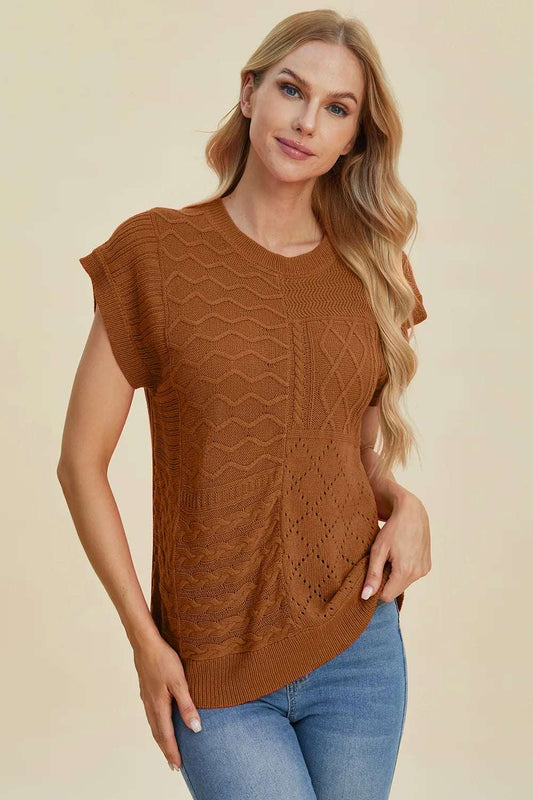 mirrorquenn Double Take Full Size Cable-Knit Round Neck Cap Sleeve Sweater in shop online women's fashion
